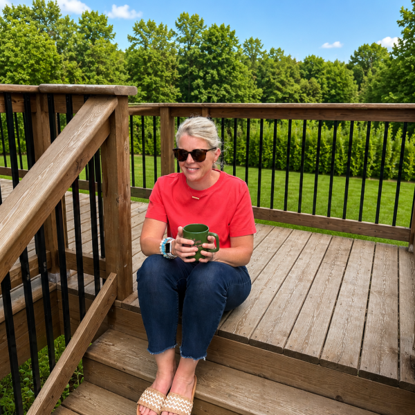 Mom of four sitting on her porch with coffee reflecting on the different types of rest.